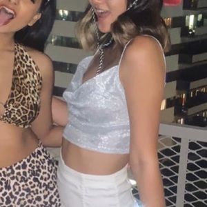 sparkly shimmery cowl neck crop top